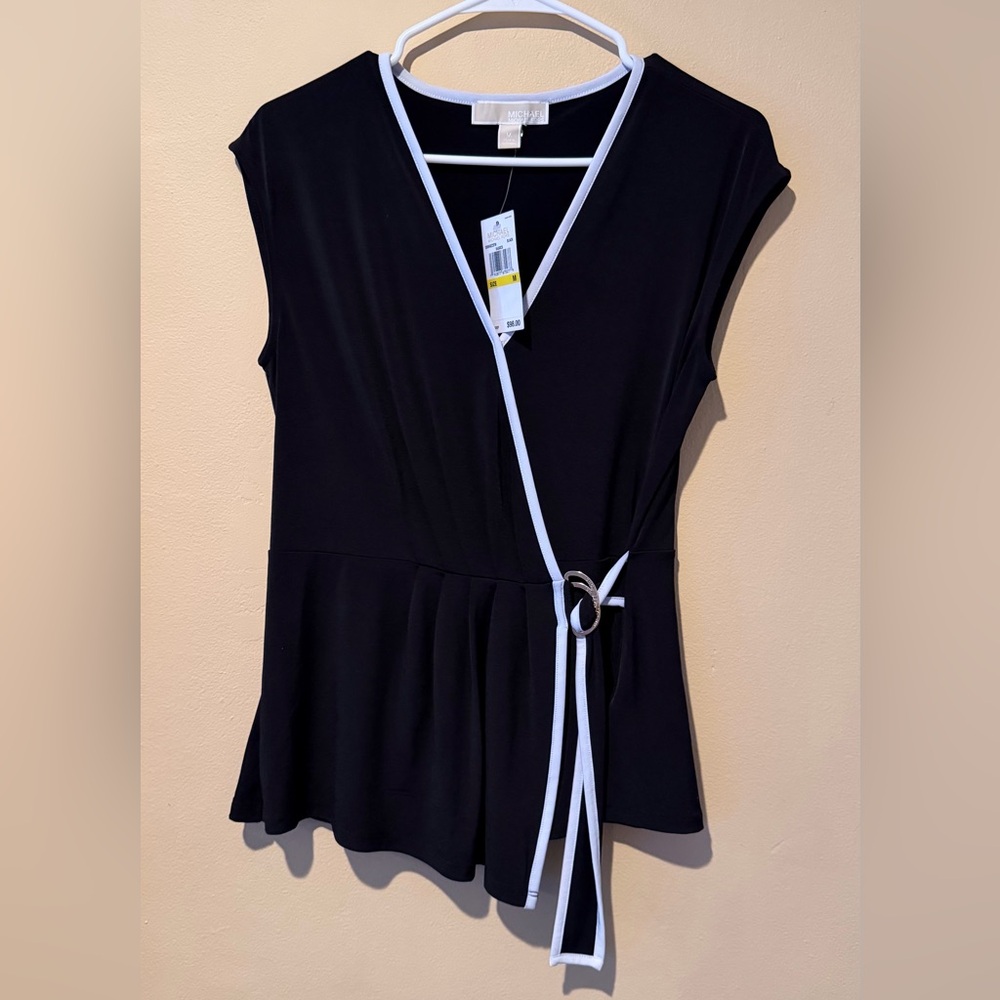Michael Kors Black and White Belted Blouse